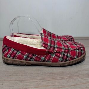 Lands End Men’s Red Plaid Flannel Faux Shearling Lined Moccasin Slippers‎ Size 8